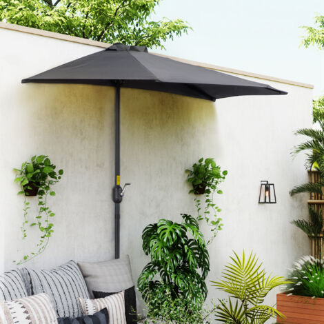 Demi-Parasol 2,7 x 1,4 m parasol de balcon avec ouverture fermeture manivelle 5 entretoises, gris