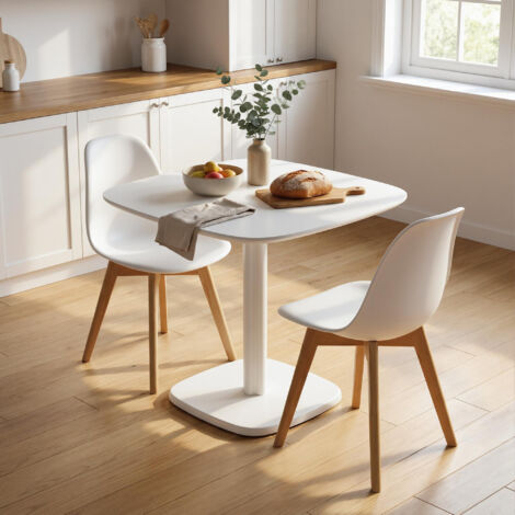 Table à manger pour 4 personne table de cuisine carrée style moderne avec plateau aspect bois, 70 x 70 cm, blanc