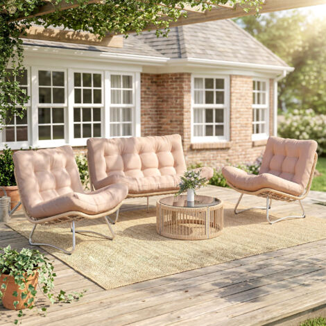 Ensemble de mobilier de jardin 4 pièces. salon de jardin en polyrotin avec canapé deux places. 2 fauteuils. table en verre. assise large et profonde. coussins épais