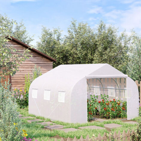 Serre tunnel avec 6 fenêtres et porte enroulable. Serre tunnel en polyéthylène avec tubes métalliques pour plantes et fruits. 4,5 x 3 x 2 m. Blanche.