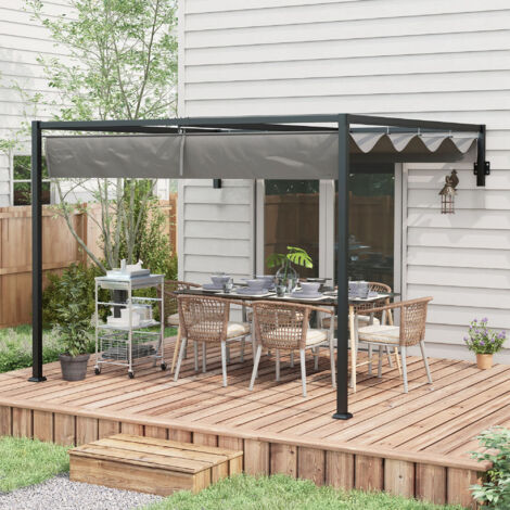 Pergola 3x4 m avec toile rétractable et trous de drainage. En acier et polyester. Grise.