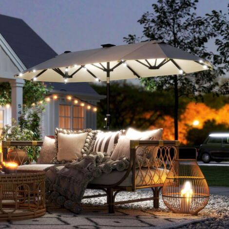 Parasol double avec éclairage LED et manivelle. En polyester et acier. 2,92 x 1,5 x 2,2 m. Beige.