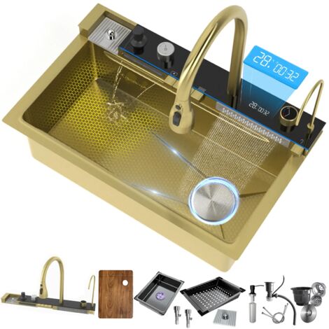 Évier de cuisine en acier inoxydable 304, grand évier simple cuve multifonctionnel avec bec verseur en cascade, pour laver les légumes et la vaisselle - TELISIYA - 68x46cm