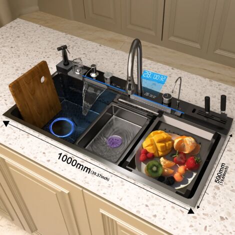 Évier de cuisine multifonctionnel en acier inoxydable à cuve unique, avec robinet à cascade et affichage numérique intégré, équipé d'accessoires - TELISIYA - 100x50cm(montage à gauche)