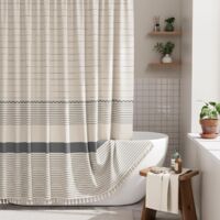 Rideau de douche moderne à pompons, rideau de douche style bohème, rideau de douche à rayures en lin, avec crochets, 180cm180cm, gris
