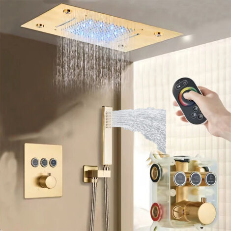 Système de douche thermostatique de tête MOORLE avec télécommande, effets pluie et cascade LED, compatible avec une baignoire (1/5)