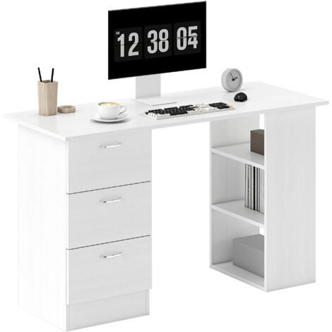 Bureau PC 3 tiroirs 3 étagères bois chambre bureau, 120x49x72 cm, blanc (1/5)