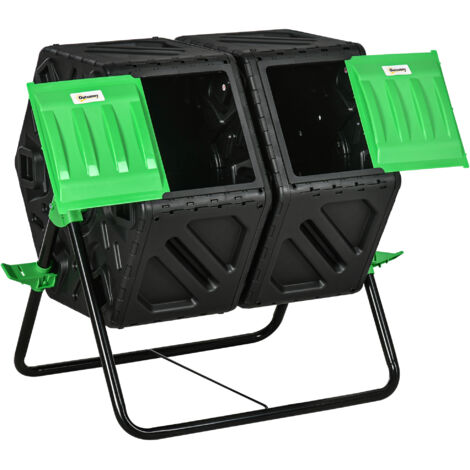 Composteur jardin bac compost déchets rotatif 360° double chambre 130 L acier PP 67x60x77 cm noir
