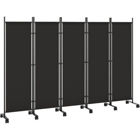 Écran pliant 5 panneaux, 12 roues, 252x170 cm, séparateur pièce personnalisé, noir (1/5)