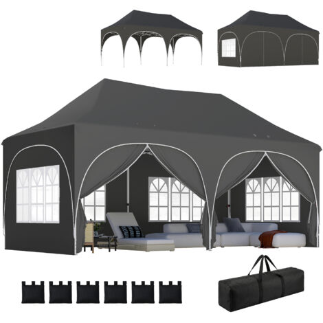 Tente pliante 6x3 m escamotable 6 côtés amovibles hauteur réglable sac transport, gris foncé (1/5)