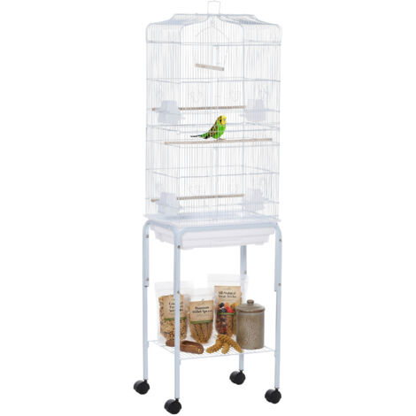 Cage oiseaux support cage métal roues plateau étagère amovibles, 46,5x36x157 cm, blanc (1/5)