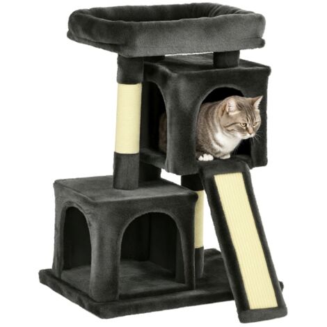 Griffoir Arbre pour Grands Chats et Chatons, Poteaux Sisal, Bois, Peluche, Lit de Camp, 2 Maisons, 59 x 39 x 81 cm, Gris Foncé (1/5)