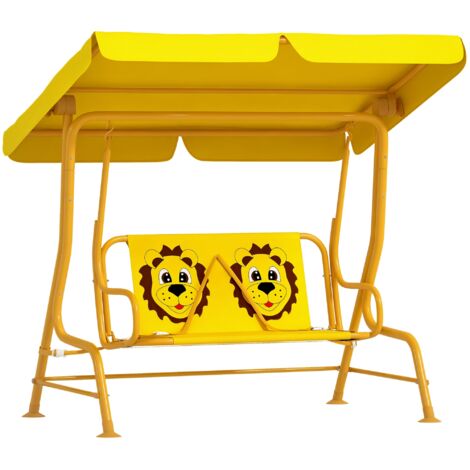 Balançoire extérieure 2 places enfant avec toit et ceintures réglables, 112x75x120 cm, jaune (1/5)
