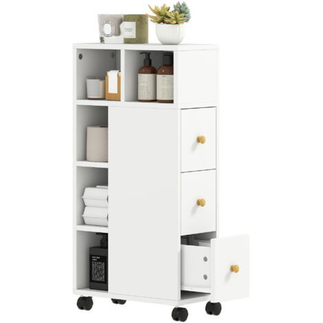 Meuble salle bain roulettes rangement étroit 3 tiroirs 5 compartiments ouverts 20x40x80 cm blanc