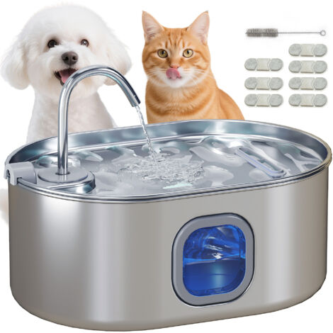 Fontaine chien chat 7 L lumière LED 7 filtres brosses remplacement fontaine chat acier inoxydable 304 32x22,1x22,3 cm argent (1/5)