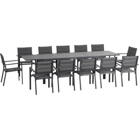 Salon jardin aluminium textilène table extensible 8/12 personnes 12 chaises empilables gris (1/5)