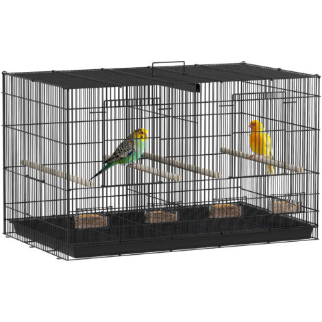 Cage oiseaux séparateur 4 mangeoires 4 perchoirs plateau amovible perroquets/canaris/perruches, 76x46x46 cm, noir (1/5)