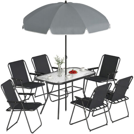 Ensemble jardin 8 pièces : parasol, 6 chaises pliantes, table verre trempé, noir (1/5)