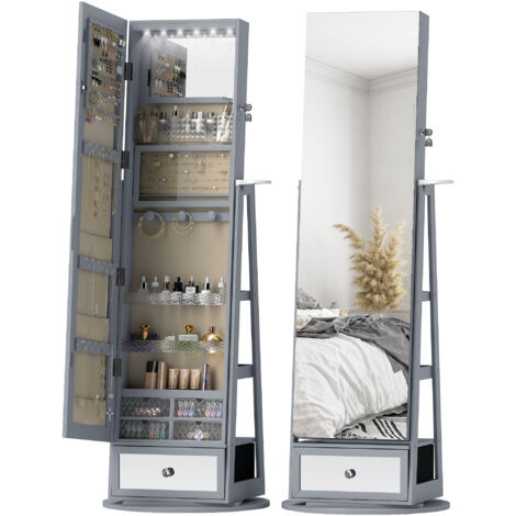Miroir bijoux LED, armoire miroir complet, tiroir rotatif 360°, verrouillage, gris clair (1/5)