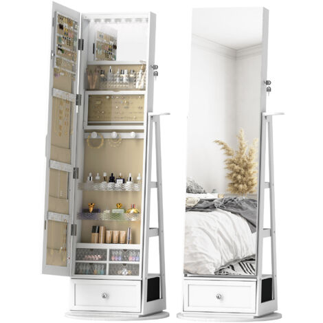 Miroir bijoux lumières LED, armoire miroir complet 360°, tiroir rotatif, verrouillage, blanc (1/5)
