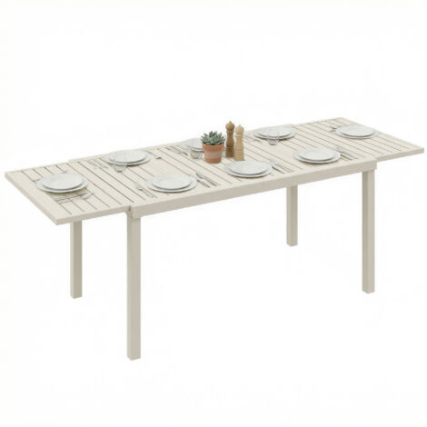 Table jardin extensible 150/225x85x75 cm salle à manger alu plateau lattes 6-8 personnes, blanche (1/5)
