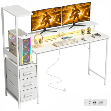 Bureau jeu 147 cm table ordinateur support cpu réglable réversible leds rgb prises ports usb/usb-c support moniteur 3 tiroirs tissu, blanc (1/5)