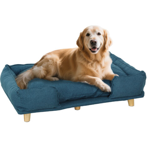Lit surélevé pour chien avec pattes en bois et coussin lavable Charge du lit pour animaux 30 kg 96x66x24 cm Bleu (1/5)