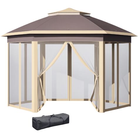 Gazebo jardin hexagonal 4,05x3,4x2,85 m double toit 6 moustiquaires amovibles anti-uv, beige (1/5)