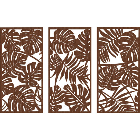 Décoration murale bois 3D 3 pièces, noyer 40x80 cm, motif feuilles tropicales (1/5)