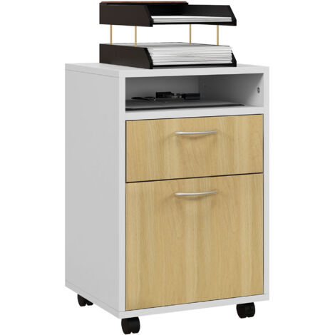 Unité tiroirs bureau mobile tiroir meuble roues support imprimante étude, 40x35x60 cm, blanc/naturel (1/5)