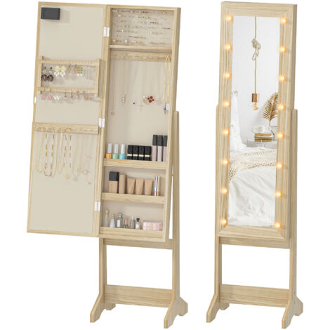 Miroir bijoux LED, armoire debout, angle réglable, bois naturel (1/5)
