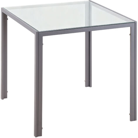 Table à manger verre carrée 4 personnes pieds métal salon, 75x75x75 cm, gris (1/5)