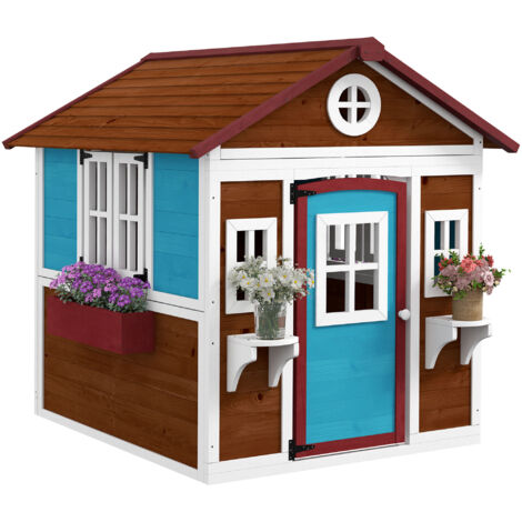 Maison jeux enfants maison jeux bois jardin extérieur fenêtres pots fleurs 3-8 ans bleu YaKu
