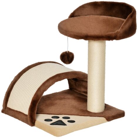 Petit arbre gratter chats H46 cm 2 niveaux, poteaux plateformes griffoir balle suspendue, 35,5x37x46 cm, marron (1/5)
