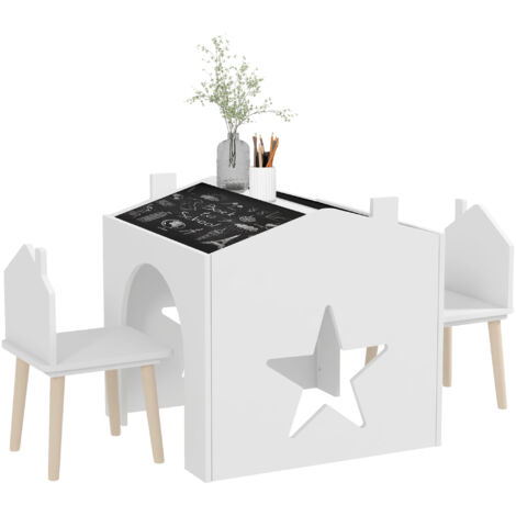 Ensemble 1 table 2 chaises 3 pièces enfants plateau tableau noir MDF pieds pin 3-8 ans blanc (1/5)