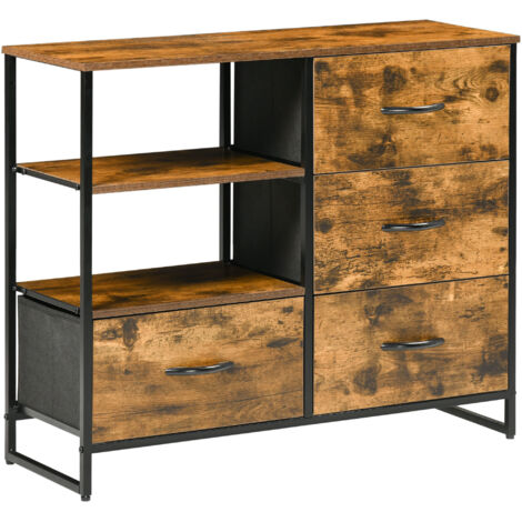 Commode salon 4 tiroirs tissu pliants 2 étagères style industriel, 84x30x71,5 cm, brun rustique (1/5)