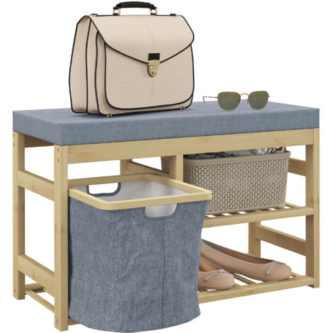 Armoire chaussures naturelle, 69x30x45 cm, siège, panier amovible, étagères, 4 paires. (1/5)