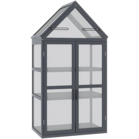 Mini Serre à Ossature Froide 3 Étages, Toit Articulé, Portes Doubles Polycarbonate, 70,5 x 42 x 132 cm