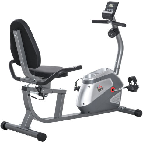 Vélo appartement couché, écran LCD, 8 niveaux résistance magnétique,cardio,volant 3 kg,porte-bouteille, siège réglable, 121,5 cm, 136x62,5x98 cm, gris (1/5)