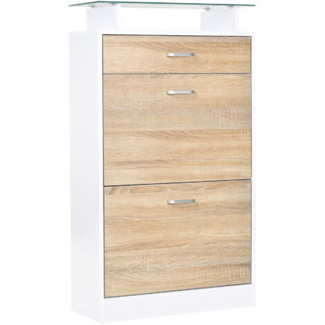 Armoire chaussures 3 tiroirs étagère verre poignée alu couloir, 60x24x105,5 cm (1/5)