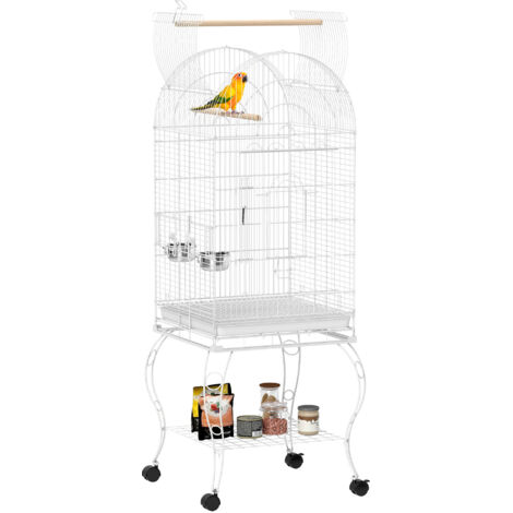 Cage oiseaux roues étagère 51x51x153 cm mangeoires supérieures pliantes plateau amovible, blanc (1/5)