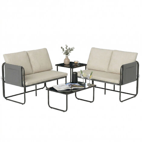 Ensemble jardin extérieur 4 pièces : 2 canapés 2 places, 2 tables verre, coussins amovibles et poches, kaki (1/5)