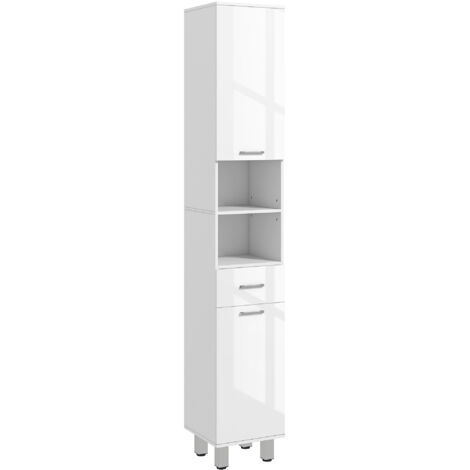 Colonne salle bain tiroir 2 étagères ouvertes 2 placards 2 niveaux bois 30x30x180 cm blanc brillant (1/5)