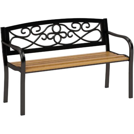 Banc jardin 2 places, dossier forgé, accoudoirs courbes élégants, 127x56x80 cm, noir/bois (1/5)