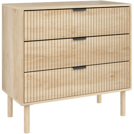 Commode chambre style nordique tiroirs panneaux nervurés poignées métal, 80x40x77,5 cm, chêne (1/5)