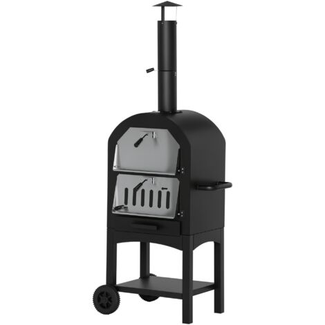 Four pizza extérieur charbon bois barbecue roulettes four bois pierre réfractaire cheminée jauge température acier carbone noir gris