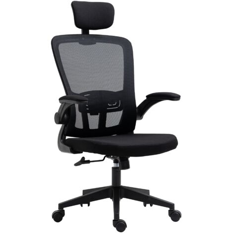 Chaise bureau maille Vinsetto pivotante accoudoirs pliables hauteur réglable appui-tête soutien lombaire, 65x64x114-122 cm, noir (1/5)
