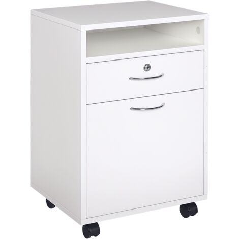 Armoire à dossiers de bureau avec tiroir, roues de frein et étagère ouverte, commode de bureau avec serrure et 2 clés pour lettres/légal/A4, armoire d’étude 40x35x60cm, blanche (1/5)