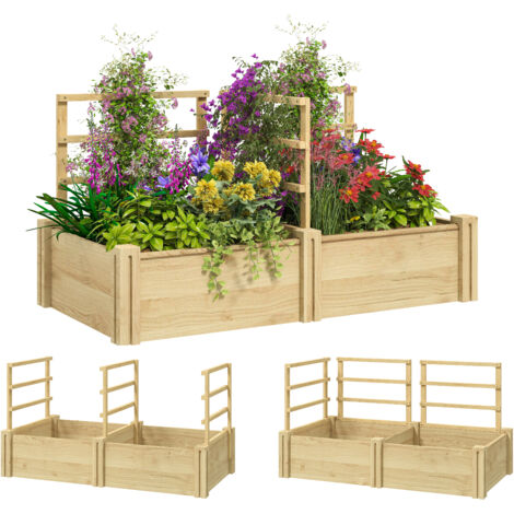 Jardinier surélevé extérieur 3 dossiers fond ouvert 2 jardinières treillis plantes grimpantes sapin balcon 119 x 62,5 x 64 cm bois (1/5)