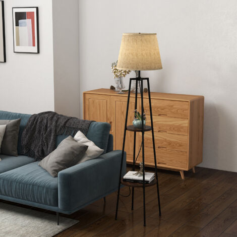 Lampe sol salon métal MDF 2 étagères abat-jour tissu Ø42x166 cm noire marron